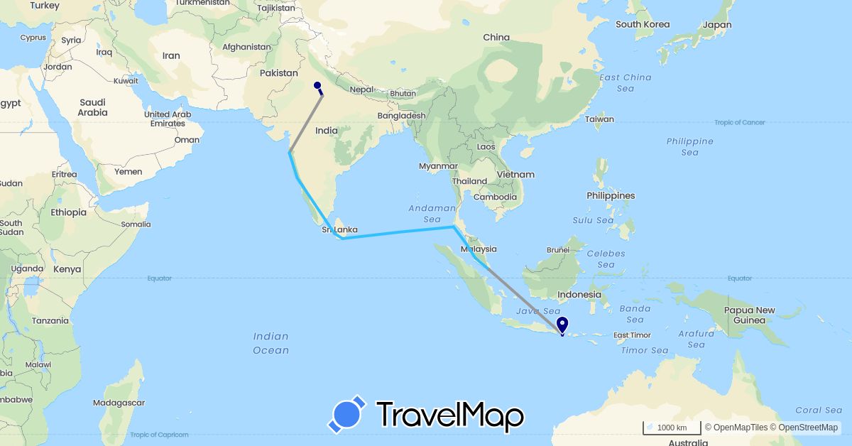 TravelMap itinerary: driving, plane, boat in Indonesia, India, Sri Lanka, Malaysia, Singapore, Thailand (Asia)
